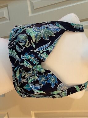 Lands' End Black Swim Bikini Top with Blue & Green Leaf Print